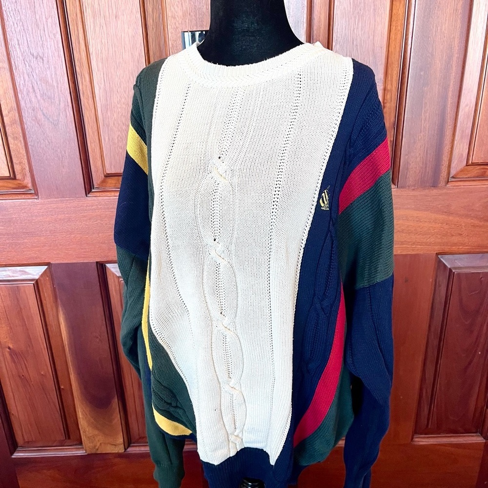 Vintage Nautica Sweater Mens Multicolor Cable Knit Colorblock 90s XL Nautical
